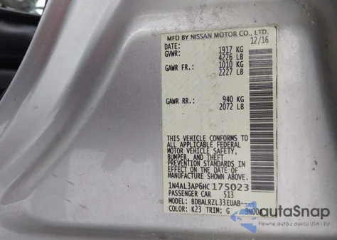 2017 Nissan Altima 2.5 Sl z USA, uszkodzony, nr VIN 1N4AL3AP6HC175023